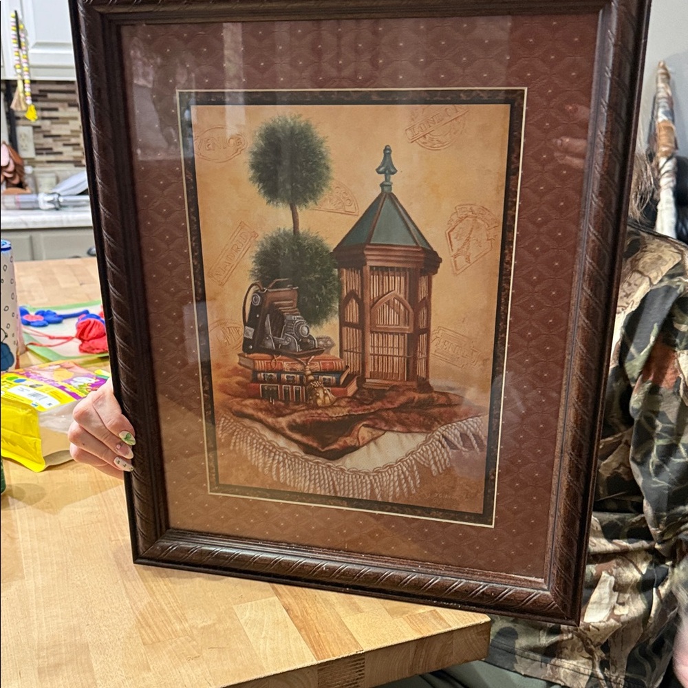 Vintage Style Framed Art with Brown Frame